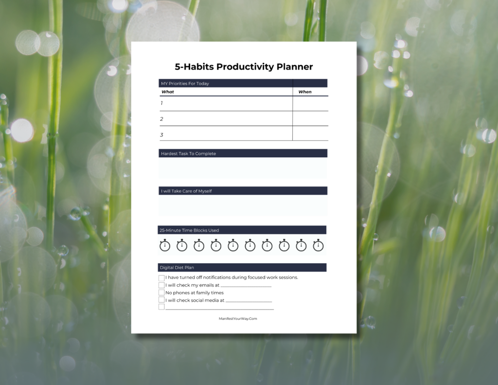 Supercharge your productivity with this 5-Habits Productivity Tracker. This FREE printable PDF helps you set priorities, track time, reduce distractions, and build powerful daily habits for long-term success.
