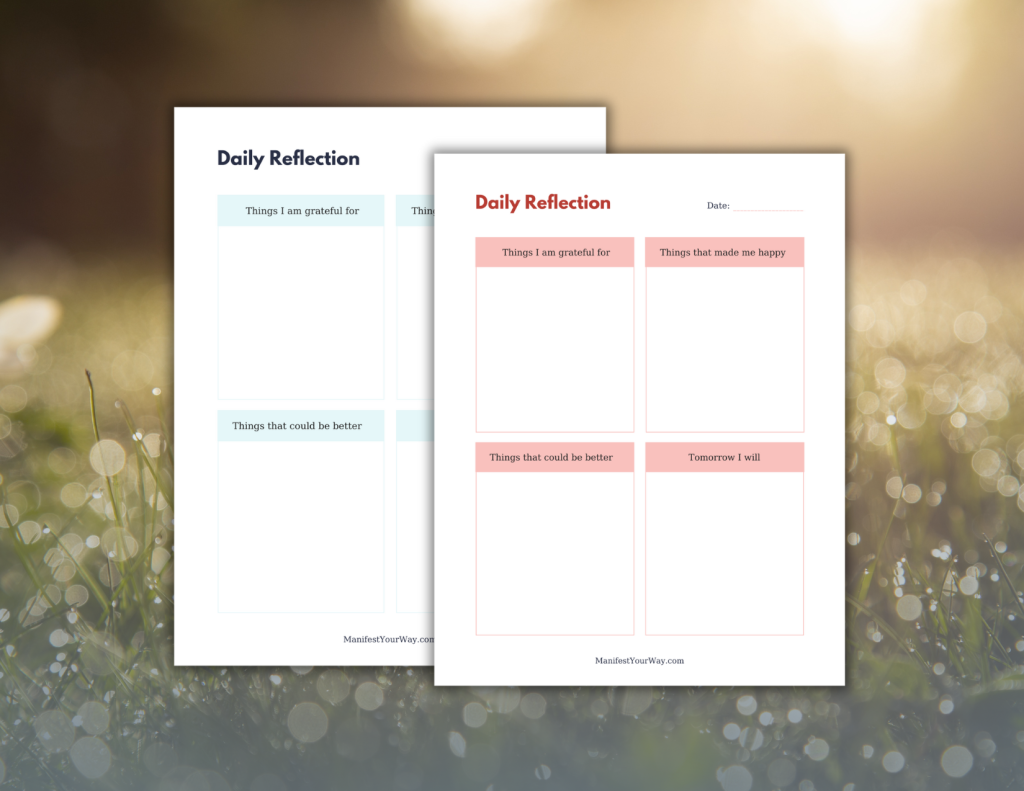 Start each day with gratitude and end with reflection using this beautifully designed Daily Reflection Sheet. This FREE printable PDF helps you acknowledge the good, reflect on areas of improvement, and set mindful intentions for the next day.