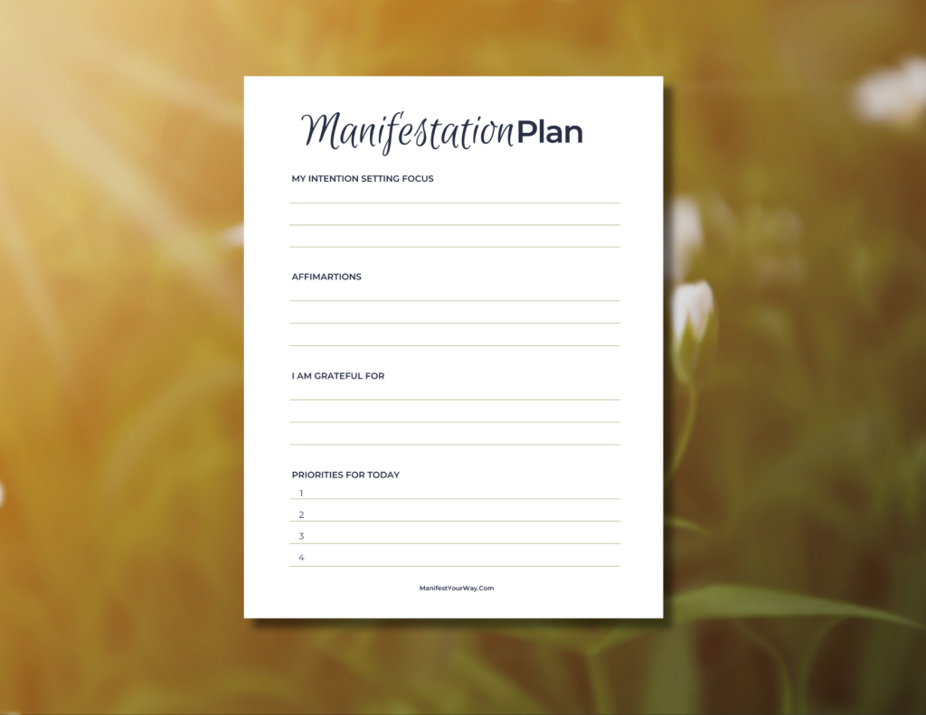 Stay intentional and manifest with clarity using this Daily Manifestation Plan. This printable PDF guides you to prioritize your desires, set focused intentions, affirm your goals, and cultivate gratitude—all in one simple yet powerful daily practice.