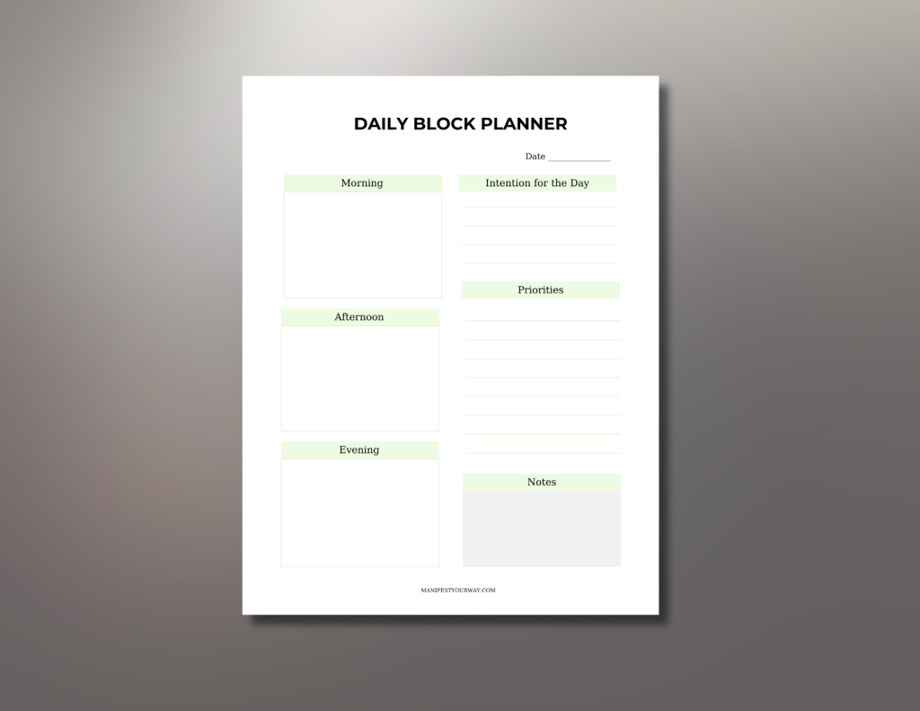 A printable daily block planner that helps you organize your day in structured time blocks so you stay focused, flexible, and in control.