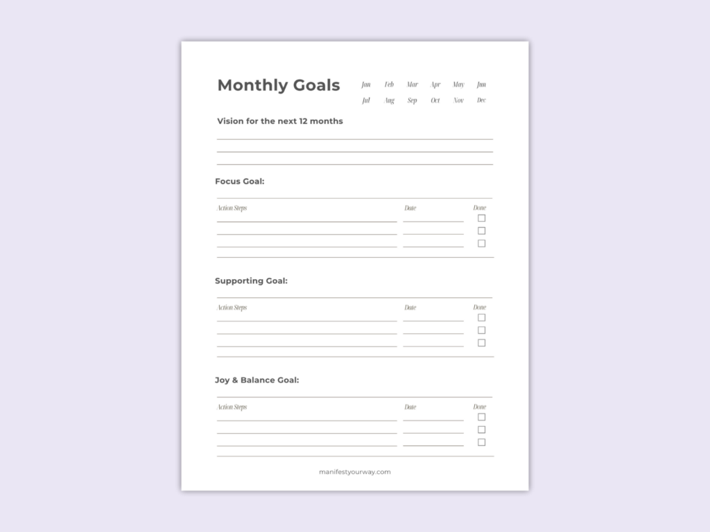 Monthly goals worksheet