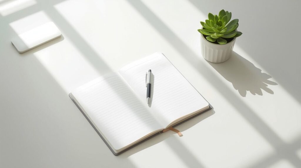Open notebook and pen on a sunlit desk, suggesting a quiet moment for reflection for personal growth.