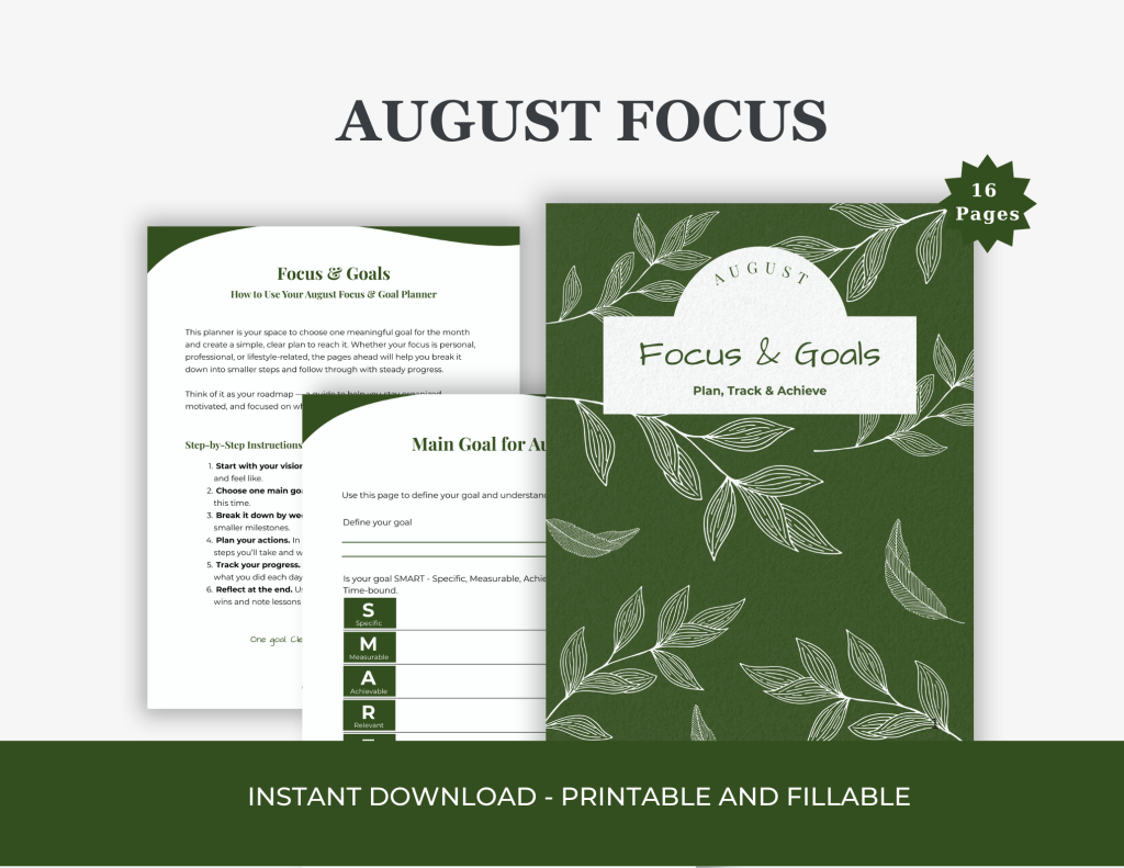 Stay on track with the August Goal Planner. This printable monthly planner helps you set one goal, break it into weekly steps, and track your progress with simple planning and reflection pages.
