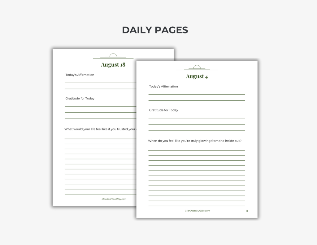 Ground yourself and shine with the August Printable Journal. Features 31 daily affirmations, gratitude prompts, and reflection pages in US Letter and A4 PDF format.