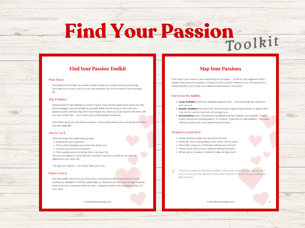 Find Your Passion Toolkit, passion worksheets printable, discover your passions, printable manifestation and productivity tools