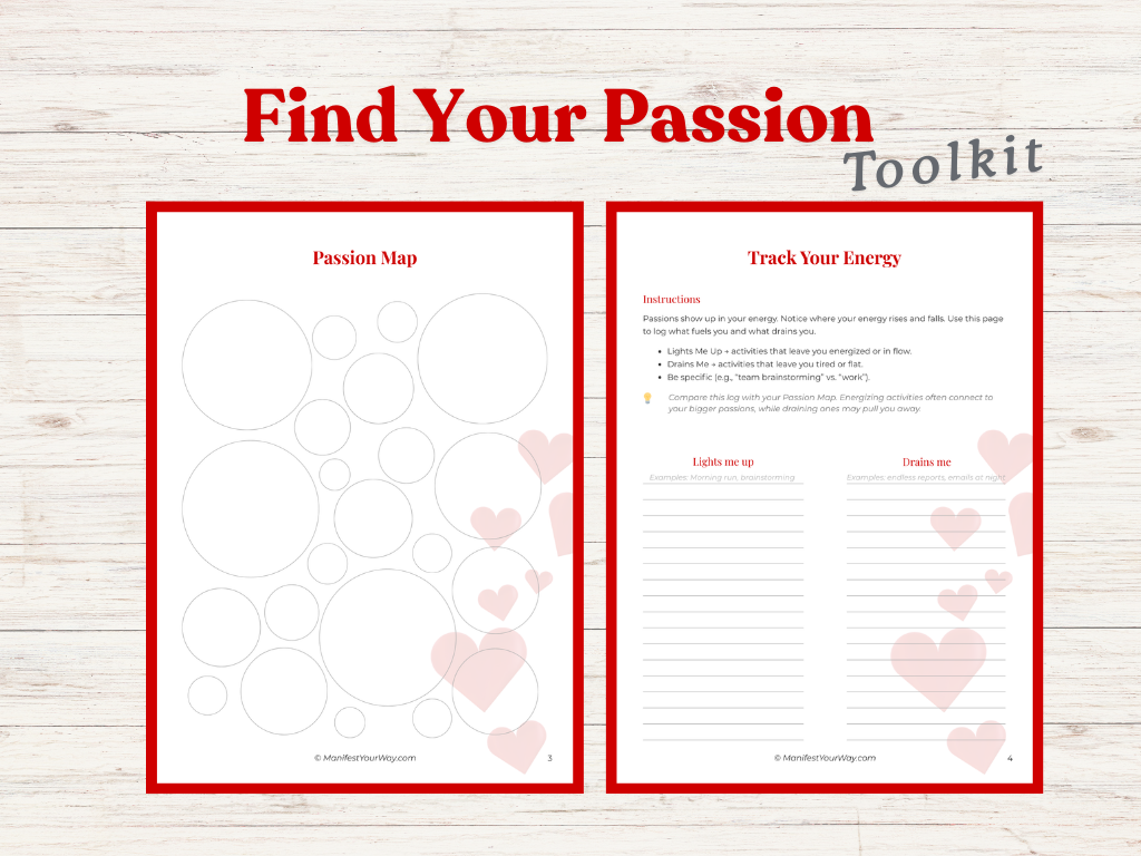 passion worksheets printable, discover your passions, printable manifestation and productivity tools