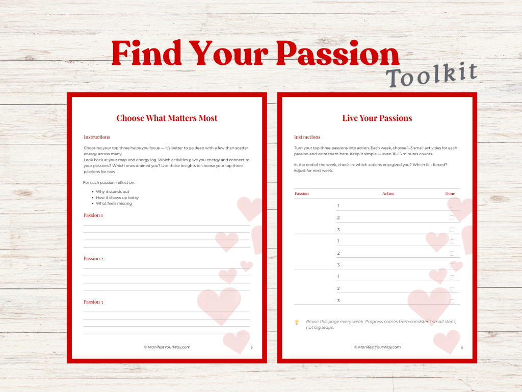 passion worksheets printable, discover your passions, printable manifestation and productivity tools