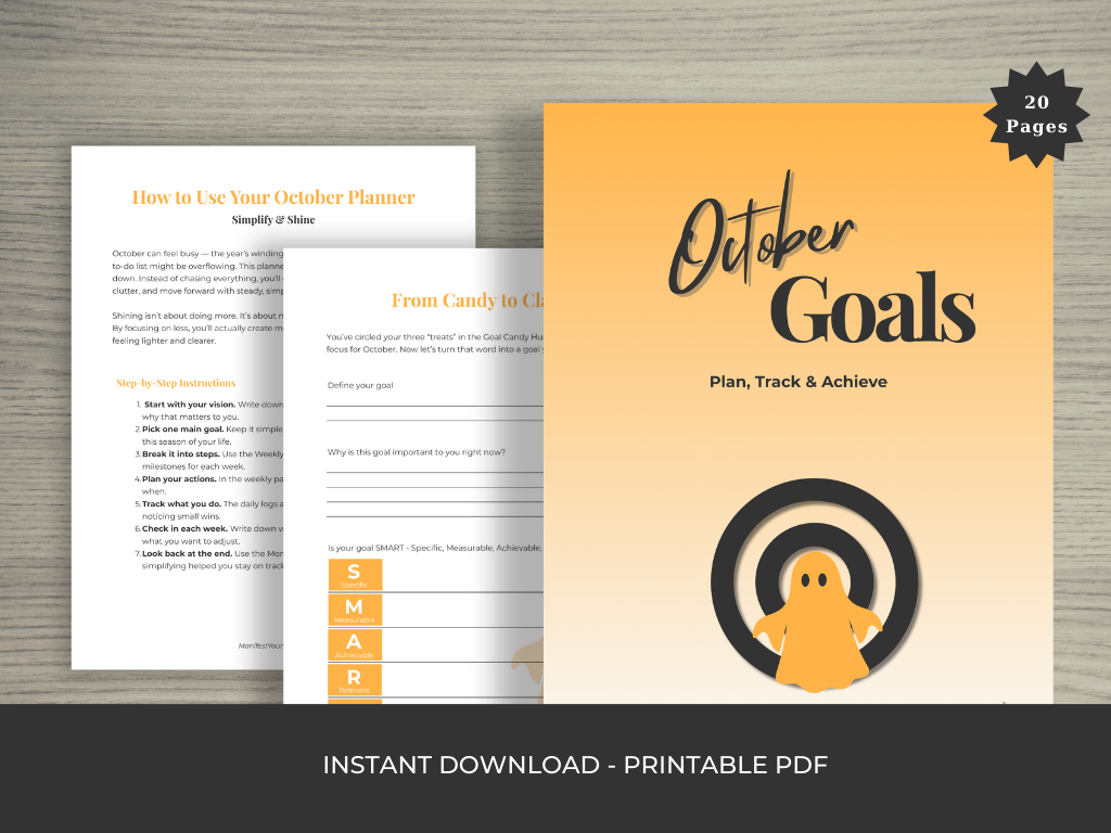 Set and achieve your October goal with this Simplify & Shine printable planner. Break big steps into weekly wins using manifestation and productivity tools.